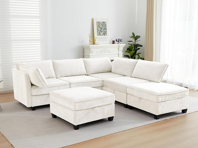 ORRD Corner Modular Sectional Sofa Set, Convertible L Shaped Couch with Storage, 6 Seater Sofa Modular with Ottomans and Reversible Chaise for Living Room, Office (Beige)