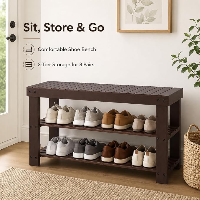 Shoe Rack Bench, 3-Tier Shoe Storage Organizer for Entryway , Shoe Shelf for Small Spaces, Multi-Functional Side Table Plant Stand, Shoe Stand for Bedroom, Living Room, Closet, Front Door, Brown