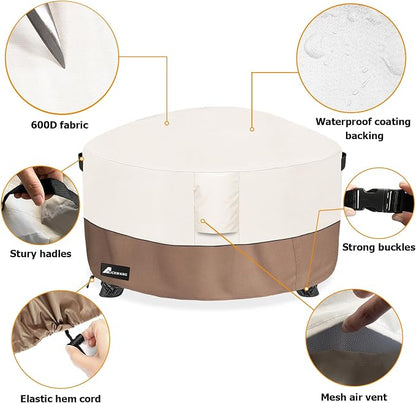 Fire Pit Cover Round 54 Inch Waterproof,Outdoor Heavy Duty Durable 600D Tear-Resistant Fire Pit Table Cover,Patio Round Firepit Cover 54" D x 24" H, Beige