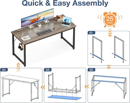 Casaottima 54 Inch Computer Desk for Home Office, Study Writing Table for Small Spaces, Simple Modern Desk with Headphone Hooks, Grey Oak
