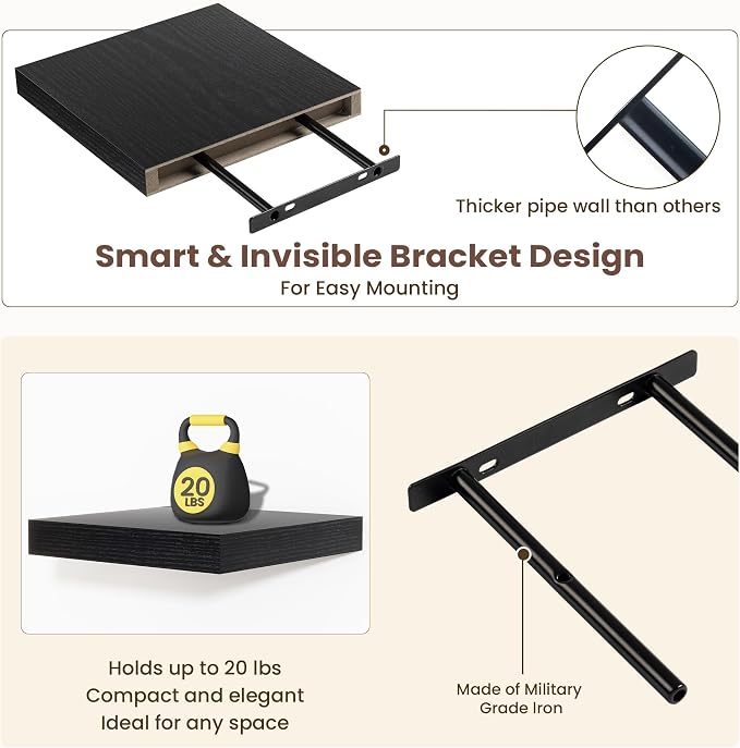 Fun Memories Floating Shelves for Wall - 9.3 Inch Square Shelves with Invisible Brackets, Black Small Wall Shelf for Living Room, Bathroom, Bedroom, and Kitchen Decor Black Set of 3