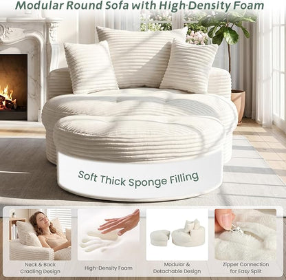 Oversized Round Chaise Lounge Chair, Deep Seat Cloud Boneless Floor Sofa Couch, Upholstered Corduroy Sleeper with 3 Pillows & Optional Ottoman, No Assembly Modern Lazy Floor Lounger for Living Room