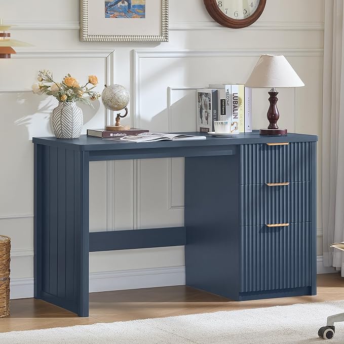 LEYAOYAO Office Desk 48" with 3 Drawers Storage File Cabinet Wood Fluted Desk for Computer Office Bedroom Home Furniture Blue