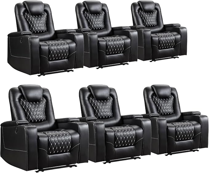 ANJ Power Recliner Chair Set of 6, Electric Soft Faux Leather Reclining Home Theater Seating - USB Ports, Cup Holders, Hidden Arm Storage Movie & Media Room Chairs (Black)