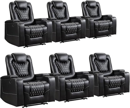 ANJ Power Recliner Chair Set of 6, Electric Soft Faux Leather Reclining Home Theater Seating - USB Ports, Cup Holders, Hidden Arm Storage Movie & Media Room Chairs (Black)