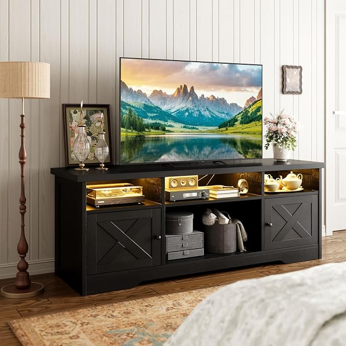 Casaottima TV Stand for 65 Inch TV, Farmhouse Entertainment Center with Power Outlet & LED Light and Storage Cabinets, Console Table and Media Furniture for Living Room Bedroom, Black