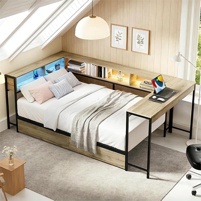 Bellemave Full Size Corner Bed Frame with Storage Bookcase & 2 Drawers, Modern Metal Full Daybed with LED Lights & Charging Station, Reversible Full Corner Bed with Desk for Space-Saving, Grey