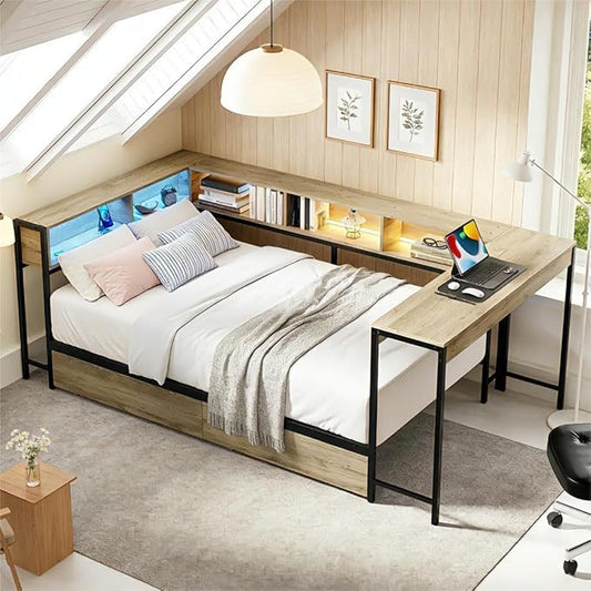 Bellemave Full Size Corner Bed Frame with Storage Bookcase & 2 Drawers, Modern Metal Full Daybed with LED Lights & Charging Station, Reversible Full Corner Bed with Desk for Space-Saving, Grey