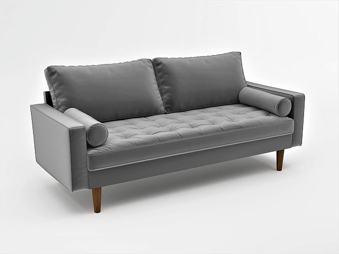 Container Furniture Direct Womble Mid Century Modern Soft Velvet Upholstered Tufted Seat with Bolster Pillows, Sofa, Silverish Grey