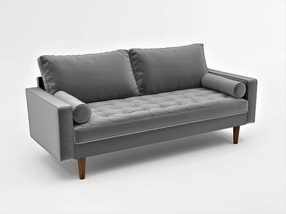 Container Furniture Direct Womble Mid Century Modern Soft Velvet Upholstered Tufted Seat with Bolster Pillows, Sofa, Silverish Grey