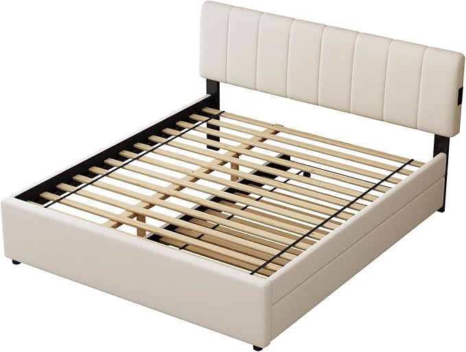 Queen Size Upholstered Platform Bed with Pull-Out Trundle Bed | Twin Size Trundle, LED Lighting Controlled by APP, USB+Type-C Charging Ports, Chenille Upholstered Bed Frame,Beige
