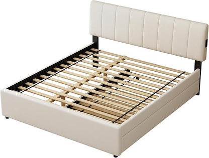 Queen Size Upholstered Platform Bed with Pull-Out Trundle Bed | Twin Size Trundle, LED Lighting Controlled by APP, USB+Type-C Charging Ports, Chenille Upholstered Bed Frame,Beige