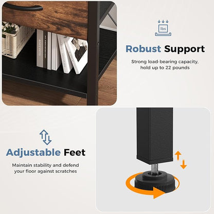 DUMOS Nightstand Set of 2 with Wireless Charging Station Bed Side Tables with Adjustable Fabric Drawers 3-Tier Storage End Tables Modern Design,Black and Brown