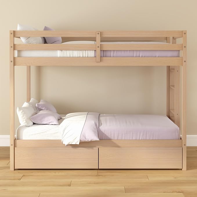 Grain & Grove Bear Twin Over Twin Bunk Bed with Storage Drawers, Sturdy Bunk Bed Frame for Kids, Plywood Bunk with Ladder, Guardrail, and Slats, No Box Spring Required, Oak Embossed Natural