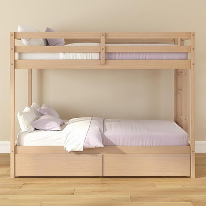 Grain & Grove Bear Twin Over Twin Bunk Bed with Storage Drawers, Sturdy Bunk Bed Frame for Kids, Plywood Bunk with Ladder, Guardrail, and Slats, No Box Spring Required, Oak Embossed Natural