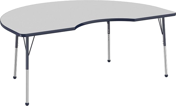 FDP Kidney Activity School and Office Table (48 x 72 inch), Standard Legs with Ball Glides for Collaborative Seating Environments, Adjustable Height 19-30 inches - Gray Top and Navy Edge