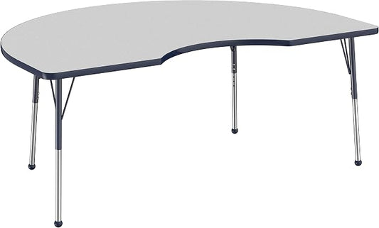 FDP Kidney Activity School and Office Table (48 x 72 inch), Standard Legs with Ball Glides for Collaborative Seating Environments, Adjustable Height 19-30 inches - Gray Top and Navy Edge
