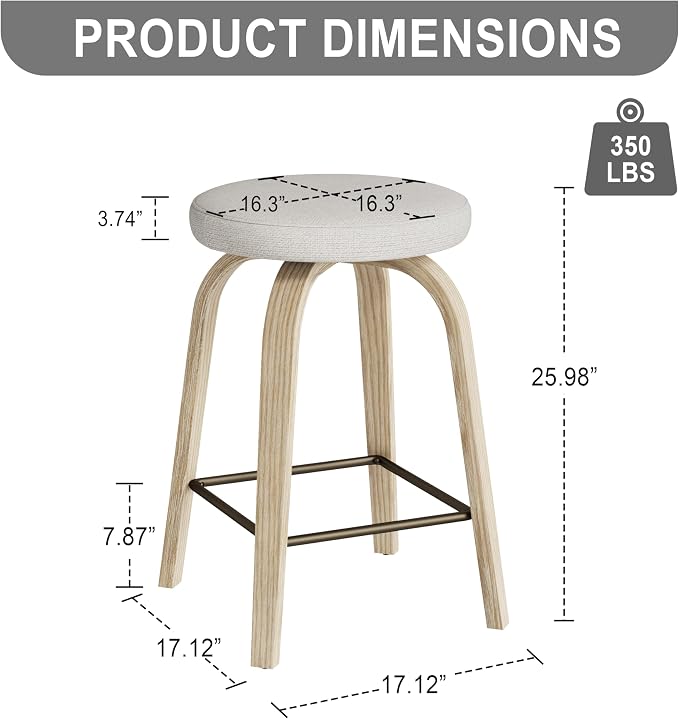 Bar Stools Set of 2, Counter Height Backless Bar Stools, 26" Swivel Barstools Kitchen Chair with Upholstered Fabric Seat, Beige