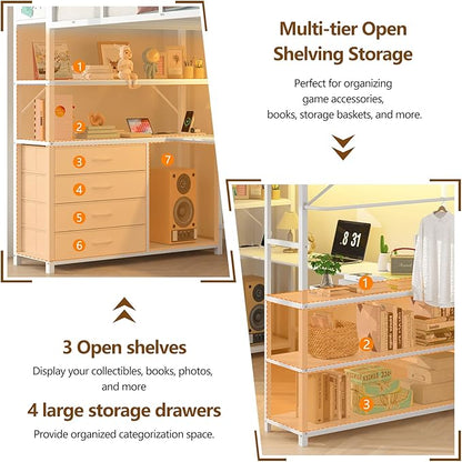 Loft Bed Twin Size with U-Shaped Desk, Metal Twin Loft Bed Frame with Storage Upholstered Headboard & LED Lights, Bunk Loft Beds with Power Outlet, Loft Beds with 4 Storage Drawers, Guard & Ladder