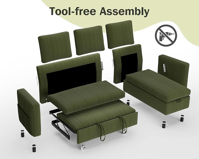 Vipbear 80" Sectional Sleeper Sofa Bed with Pull Out Bed, L Shaped Couch Pull Out Couch with Reclining Backrest, Reversible Storage Chaise, USB Ports, Tool-Free Assembly, Corduroy Olive Green