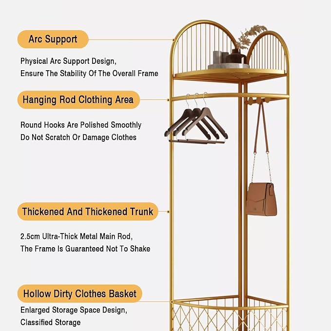 HKaikzo Corner Coat Rack, Gold Clothes Rack with 6 Metal Movable Hooks and Storage Basket Hall Tree Design Clothing Rack for Bedroom Entryway Hallway