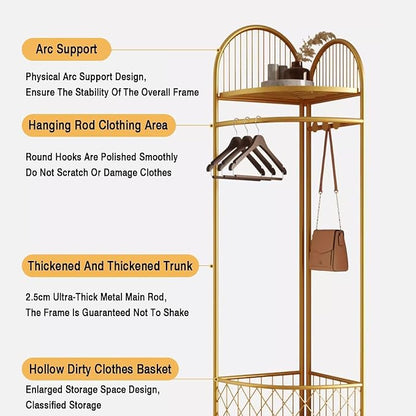 HKaikzo Corner Coat Rack, Gold Clothes Rack with 6 Metal Movable Hooks and Storage Basket Hall Tree Design Clothing Rack for Bedroom Entryway Hallway