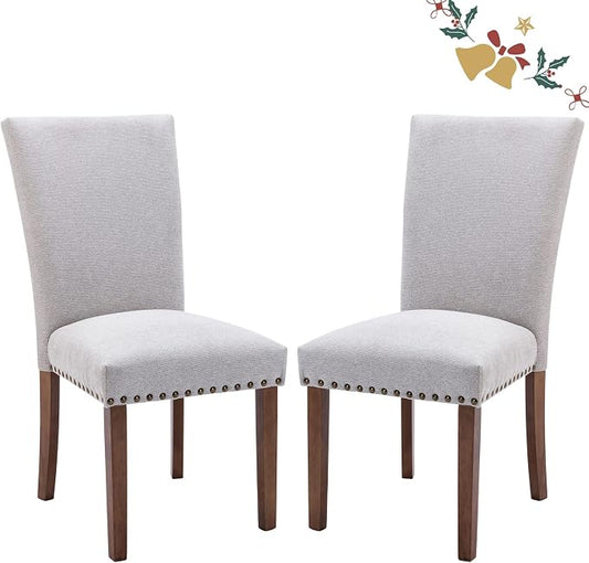 Parsons Dining Chairs Set of 2, Upholstered Nailhead Dining Room Kitchen Side Chair with Thick Cushions and Wood Legs, Light Grey