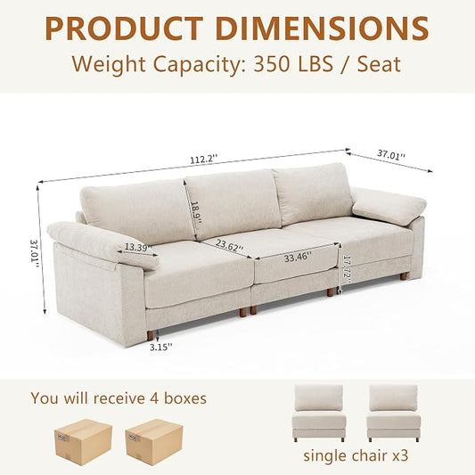 Oversized L Shaped Sectional Couch for Living Room, Extra Large Deep Seat Modular Sectional Sofa with Washable Covers, Modern Cloud Couch for Apartment, Bedroom (Beige, 3 Seater)