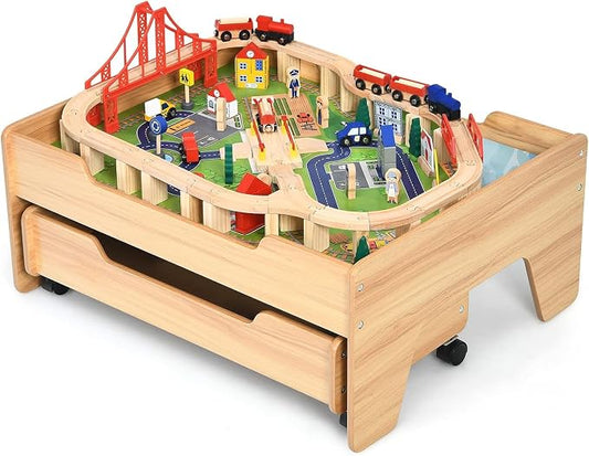 Costzon Wooden Train Table with 100 Multicolor Pieces | Kids Activity Table w/ Large Rolling Storage Drawer, Tracks, Cars, DIY Design, Train Set Table for Boys Girls Toddlers 3+