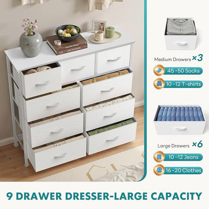 OLIXIS 9 Drawer Storage Dresser with Wood Top - Wide Fabric Chest Organizer for Bedroom, Closet, Living Room,Tower Cabinet, TV Stand, Hallway Entryway Furniture,White