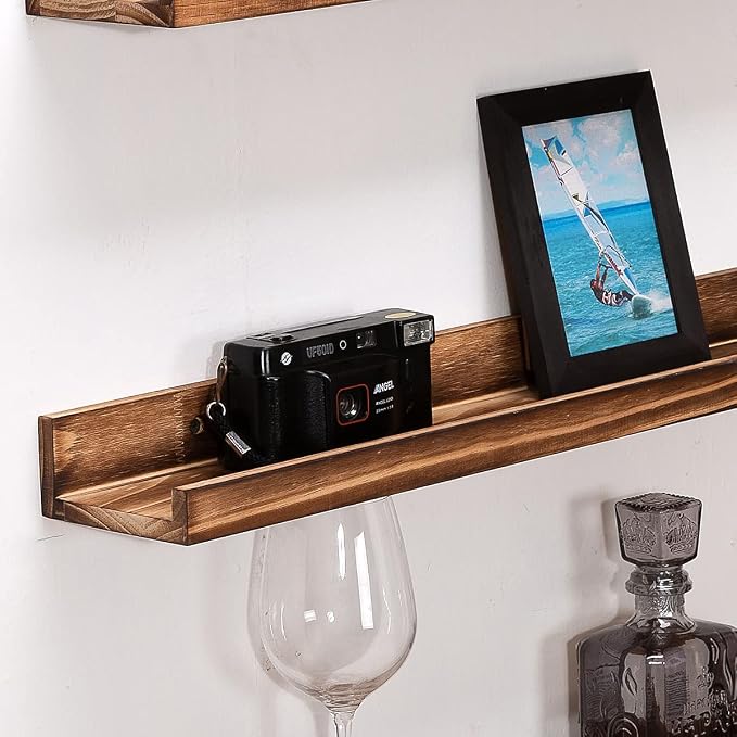 MBYD 24 Inch Picture Ledge Shelf Set of 3, Rustic Torched Wood Floating Shelves for Bedroom Living Room Kitchen Wall Decor, Carbonized Finish Display Nursery Bookshelf for Photos, Books, and Art
