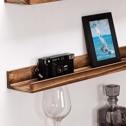 MBYD 24 Inch Picture Ledge Shelf Set of 3, Rustic Torched Wood Floating Shelves for Bedroom Living Room Kitchen Wall Decor, Carbonized Finish Display Nursery Bookshelf for Photos, Books, and Art