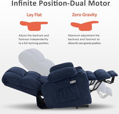 MCombo Large Dual Motor Power Lift Recliner Chair for Elderly, Zero Gravity Lift Chair with Heat and Massage, Infinite Position Lay Flat Recliner, USB Ports, Fabric 7896 (Large, Navy Blue)