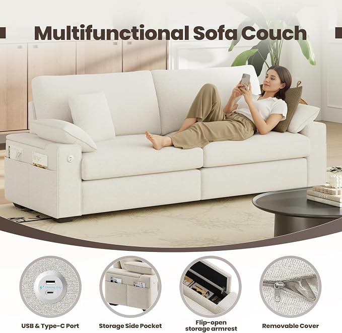 MALOL 89" Loveseat Couch, 3 Seater Upholstered Midcentury Mondern Love Seat with USB Type C Ports, 4 Pillows and Storage Armrest Cloud Foam Sofa for Living Room/Small Spaces, Beige | Breathable material