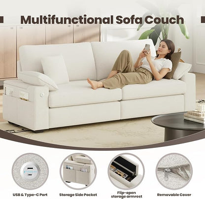 MALOL 89" Loveseat Couch, 3 Seater Upholstered Midcentury Mondern Love Seat with USB Type C Ports, 4 Pillows and Storage Armrest Cloud Foam Sofa for Living Room/Small Spaces, Beige | Breathable material