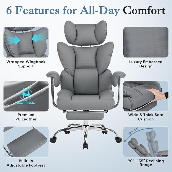 DUMOS Big and Tall Office Chair 400 LBS, Scratch-Resistant PU Leather Executive Office Desk Chair with Footrest, Ergonomic Reclining Computer Chairs with Pocket Spring Support, Grey