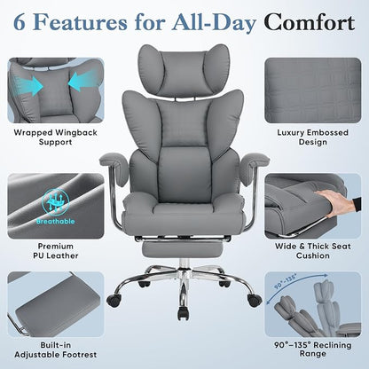 DUMOS Big and Tall Office Chair 400 LBS, Scratch-Resistant PU Leather Executive Office Desk Chair with Footrest, Ergonomic Reclining Computer Chairs with Pocket Spring Support, Grey
