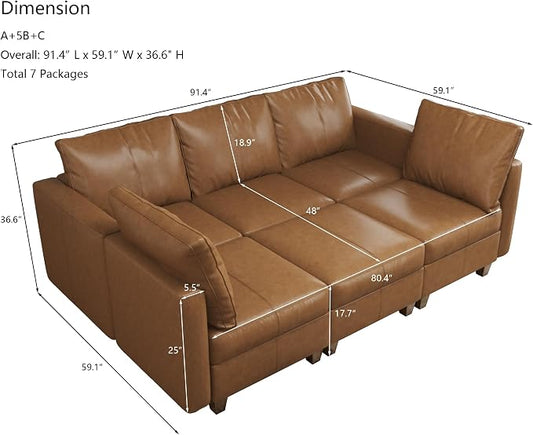 EASE MOOSE Faux Leather Modular Sleeper Couch Sectional Sofa Bed with Storage,Convertible Faux Leather Sectional Sofa,Brown