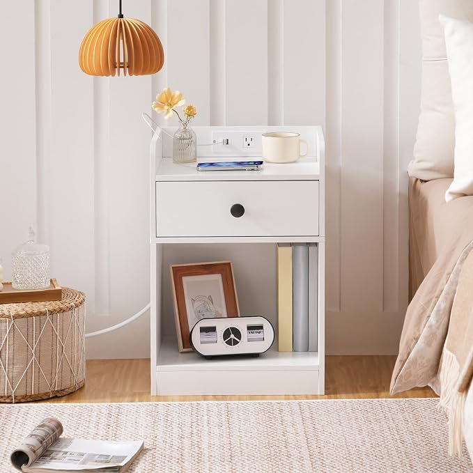 HOOBRO Nightstand with Charging Station, End Table with Drawer and Opening Shelf, Bedside Table with USB Ports and Outlets, Small Night Stand for Bedroom, Simple Style, White WT18UBZ01