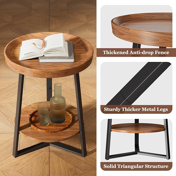 Gadroad Round End Table with Storage Shelf, 2 Tier Farmhouse Side Table Nightstand for Living Room, Bedroom, Wood Tabletop & Black Metal Frame, Brown 15.7 * 15.7 * 23.0inches