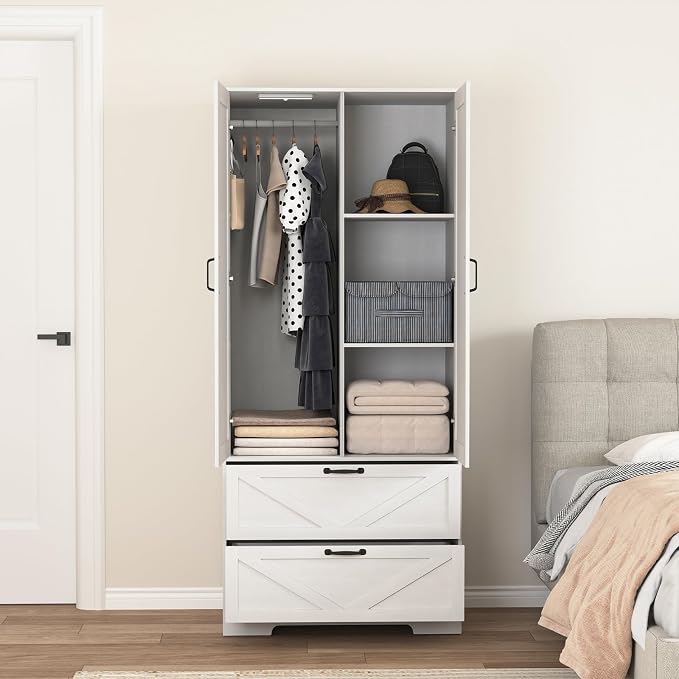 72" Wardrobe Closet with Mirror, Bedroom Armoire with Drawers, Hanging Rod and LED Light, Farmhouse Wooden Clothes Storage Cabinet for Bedroom, Guest Room, Apartment,White