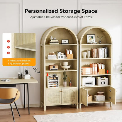 VINGLI 70" Arched Display Cabinet with 5 Shelves, Rattan Storage Cabinet 5 Tier Arched Bookshelf, Wood Tall Bookcases, Sturdy, Stylish for Living Room Bedroom Dining Room Office Study Room, Oak