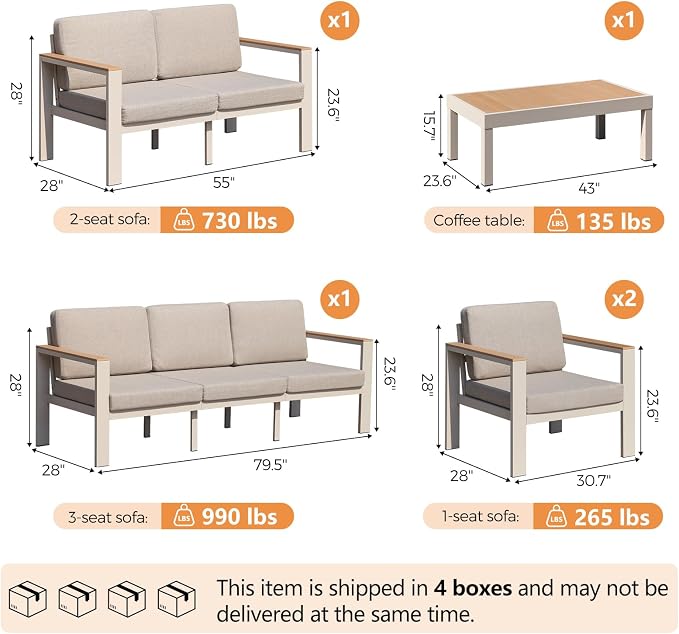 7-Seater Beige Aluminum Patio Conversation Set, Outdoor Sectional Sofa Set with Coffee Table, 1.5mm Thick Powder-Coated Frame, Weather Resistant Outdoor Furniture with Washable Waterproof Cushions