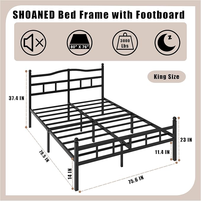 SHOANED Metal Bed Frame with Headboard & Footboard - 14 Inch King Size Heavy Duty Bedframe Black Basic Steel Slats Platform No Box Spring Needed/Easy Assembly/Noise Free