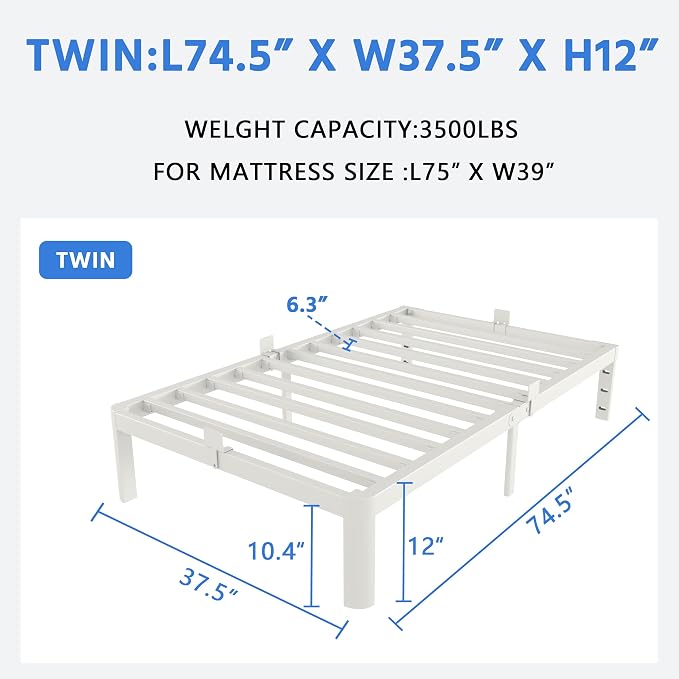 White Twin Size Bed Frames 12 Inch, Metal Platform Twin Bed Frame No Box Spring Needed, Heavy Duty Steel Support 3500 LBS, DIY Headboard, Round Legs, Noiseless, Storage Space, Easy Assembly