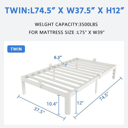 White Twin Size Bed Frames 12 Inch, Metal Platform Twin Bed Frame No Box Spring Needed, Heavy Duty Steel Support 3500 LBS, DIY Headboard, Round Legs, Noiseless, Storage Space, Easy Assembly