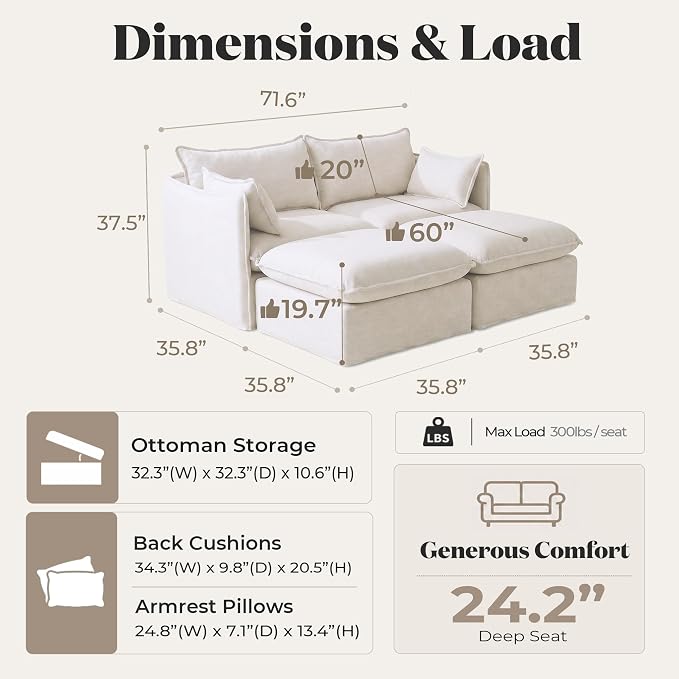 Cloud Modular Loveseat Lounge, Oversized Deep Seat, Linen Blend | Fully Removable Washable Covers, Memory Foam Seat Cushions, Storage Ottoman, Premium Fabric
