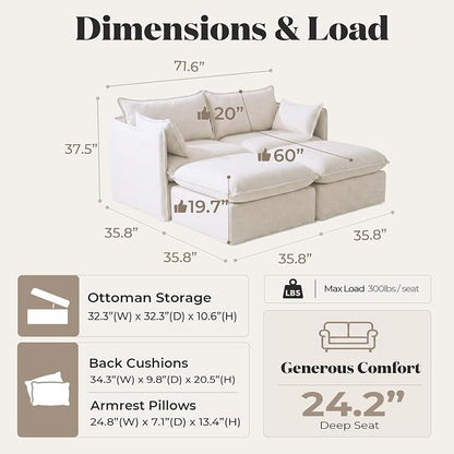 Cloud Modular Loveseat Lounge, Oversized Deep Seat, Linen Blend | Fully Removable Washable Covers, Memory Foam Seat Cushions, Storage Ottoman, Premium Fabric