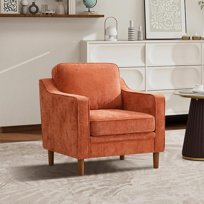 Kingfun Accent Chair, Living Room Chairs, Mid Century Reading Armchair, Chenille with Solid Wood Foot, Upholstered Modern Decor for Bedroom, Apartment