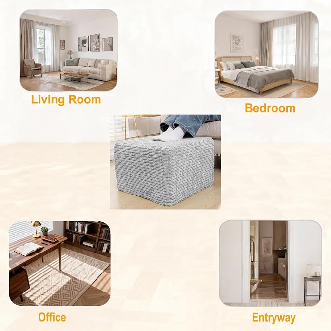 Asuprui Round Square Pouf Ottoman Foot Rest – Lightweight Modern Footstool with Plush Foam Filling, Perfect for Living Room Decor & Cozy Comfort – 20x20x14 Inch Chic Accent Piece (Light Gray)